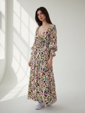 Boho Tiered Maxi Dress Long Sleeve Ikat Tie Dye Print Festival Cottagecore